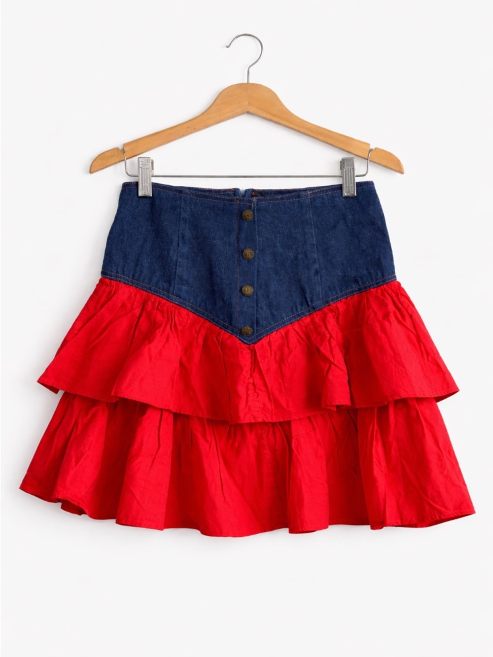 Y2K Denim Waist Red Tiered Ruffle Skirt Boho Western Festival Size 5 Cottagecore